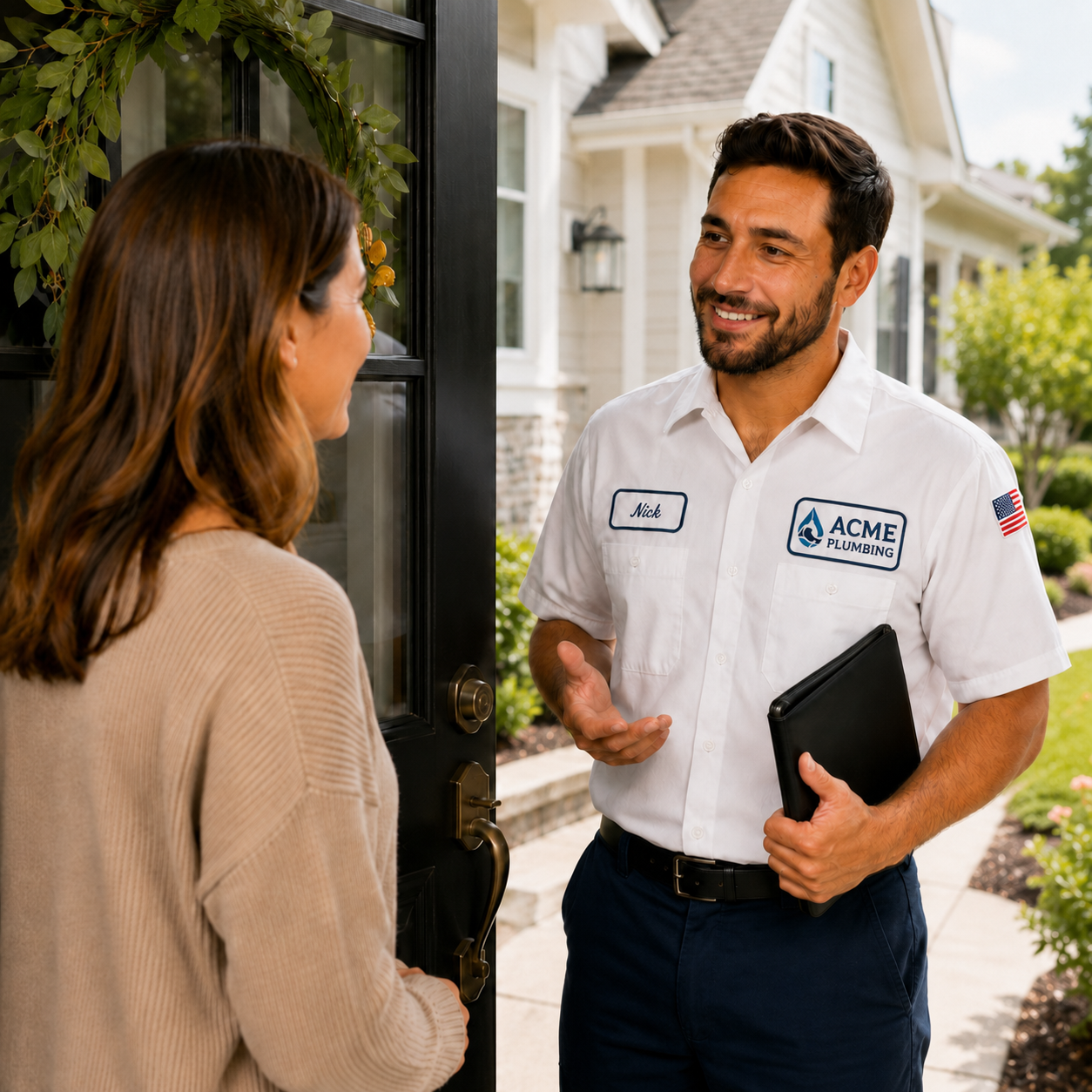 ACME Plumbing technician Nick greeting a homeowner at her front door.