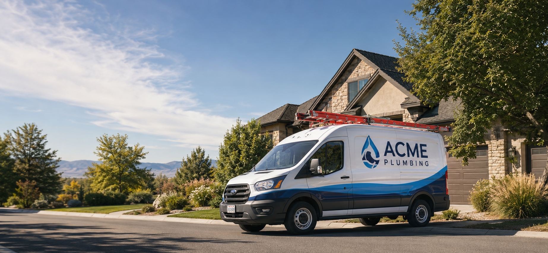 ACME Plumbing service van parked at a beautiful Boise, Idaho home ready to provide expert plumbing services