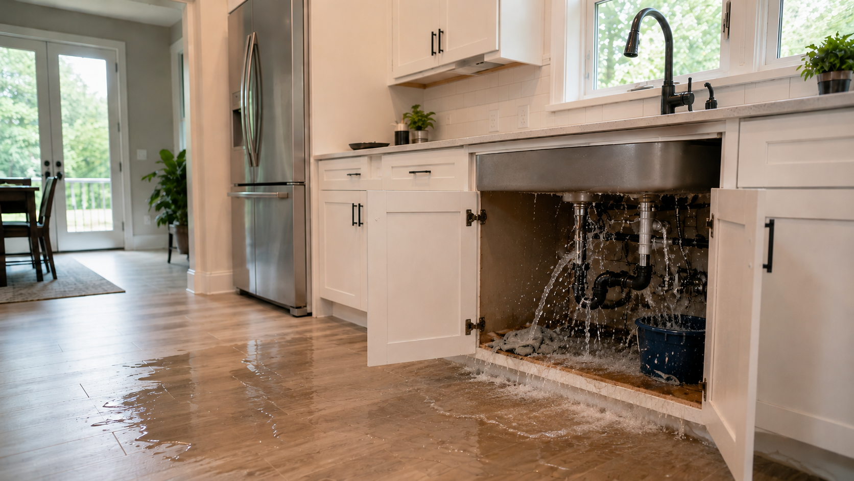 Kitchen sink pipe burst flooding the floor